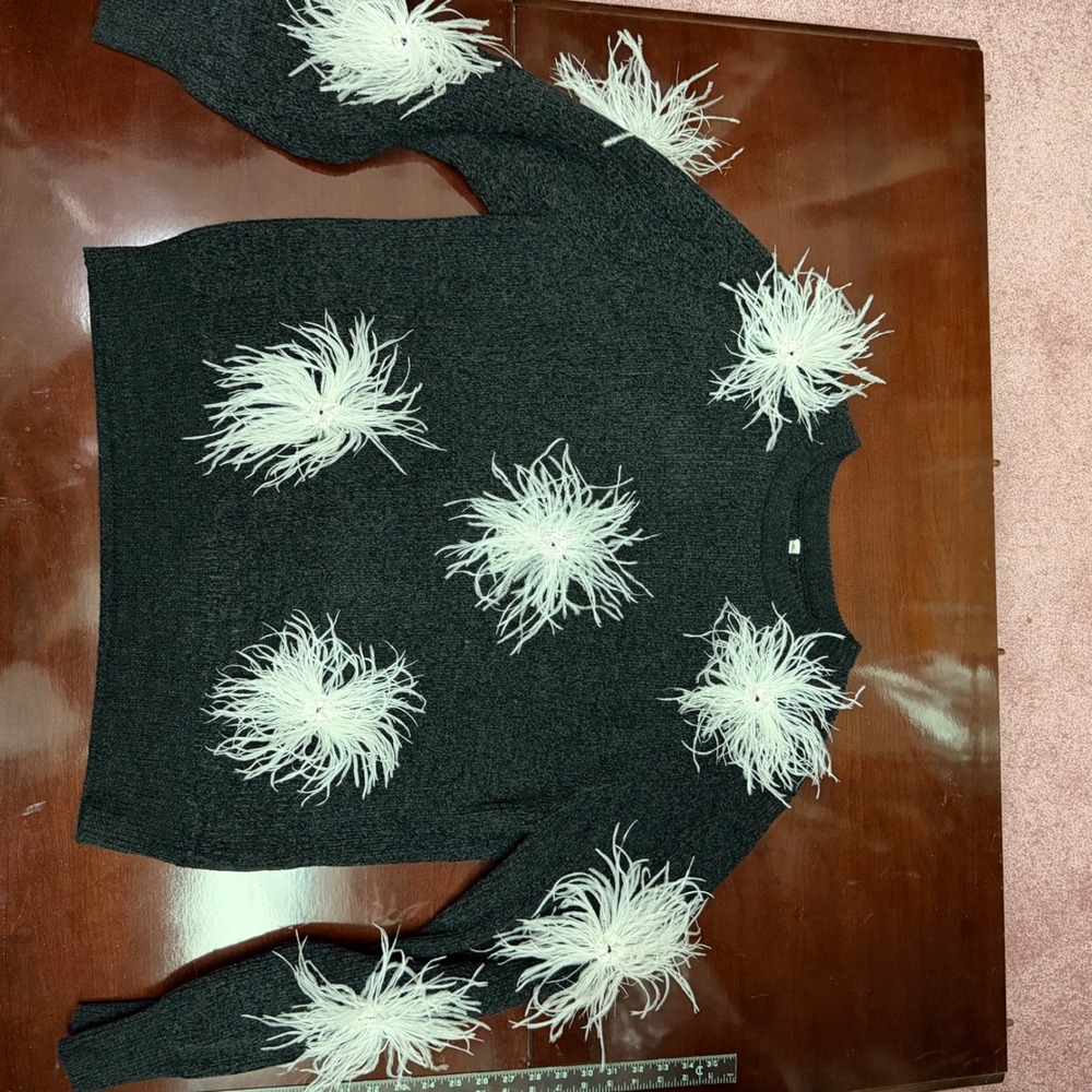 Charcoal Gray Knit Sweater White Feather Pom Pom Embellished Crewneck XL